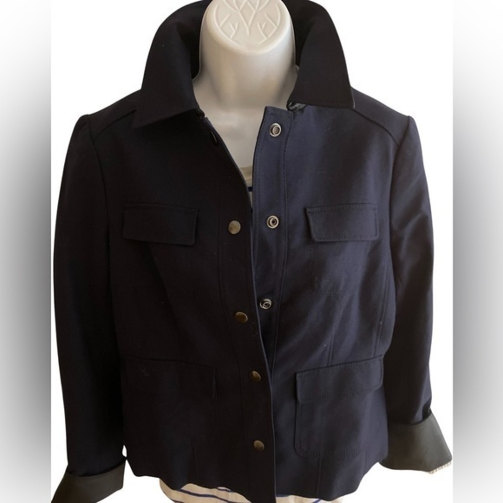 Ann Taylor Navy Jean Style Jacket - 4 navy.   Faux leather collar & cuffs